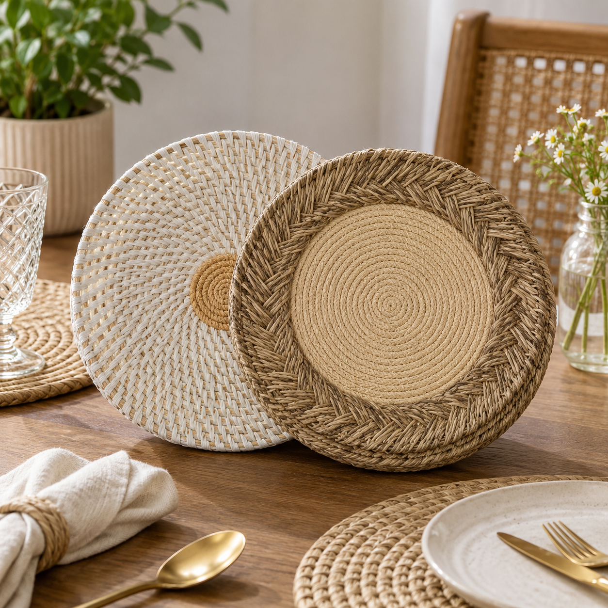 ROUND WOVEN PLACEMAT SET 1'S 6-2 WHITE