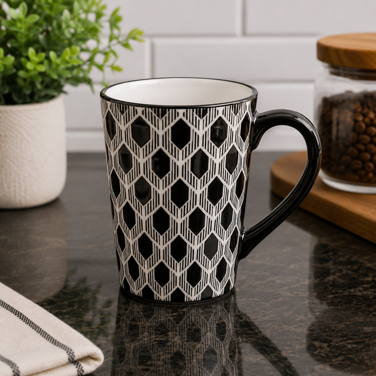 4 PACK CERAMIC MUG SET – BLACK GEOMETRIC