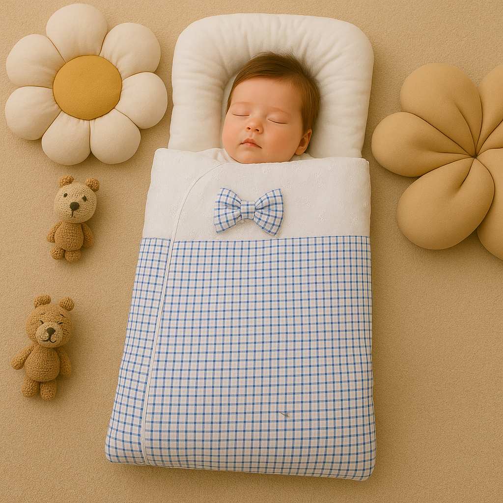 HAPPIMUMS BABY SLEEPING BAG - BLUE CHECKERED BOW