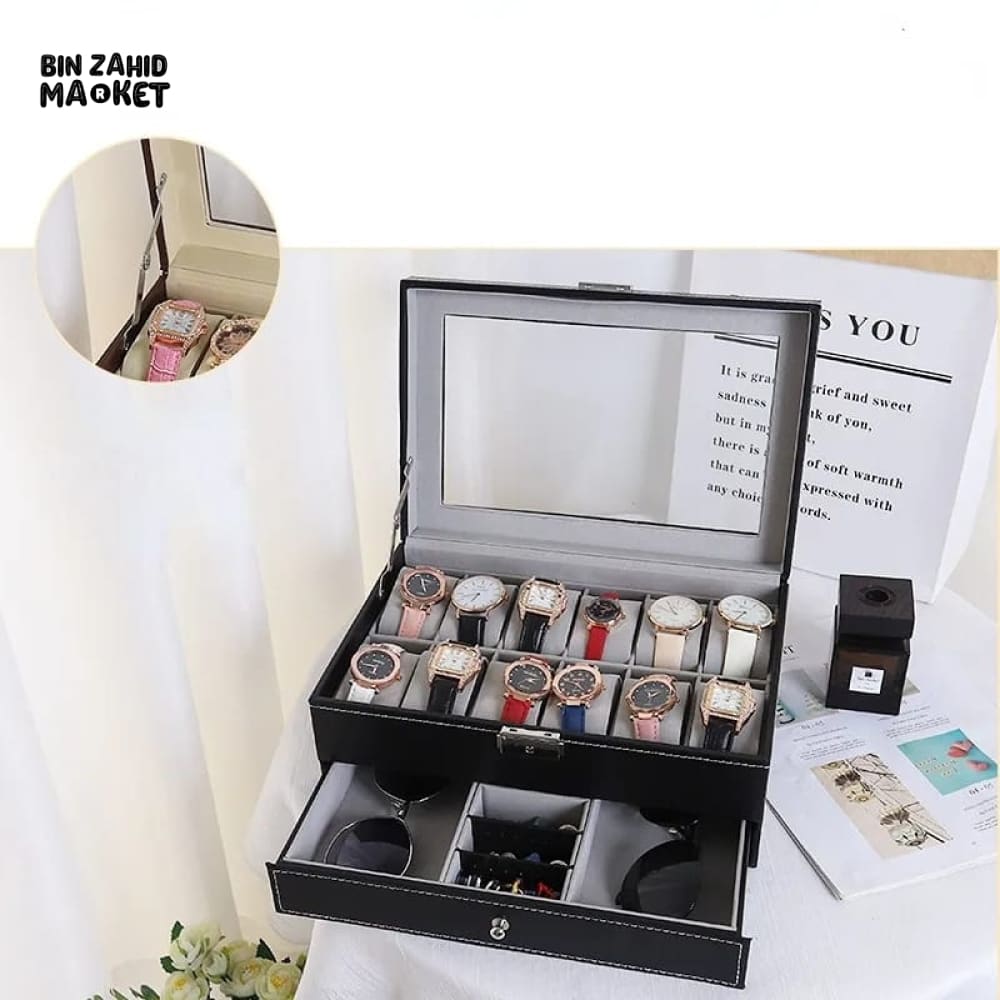 12X SLOTS DOUBLE LAYERS LEATHER WATCH STORAGE BOX