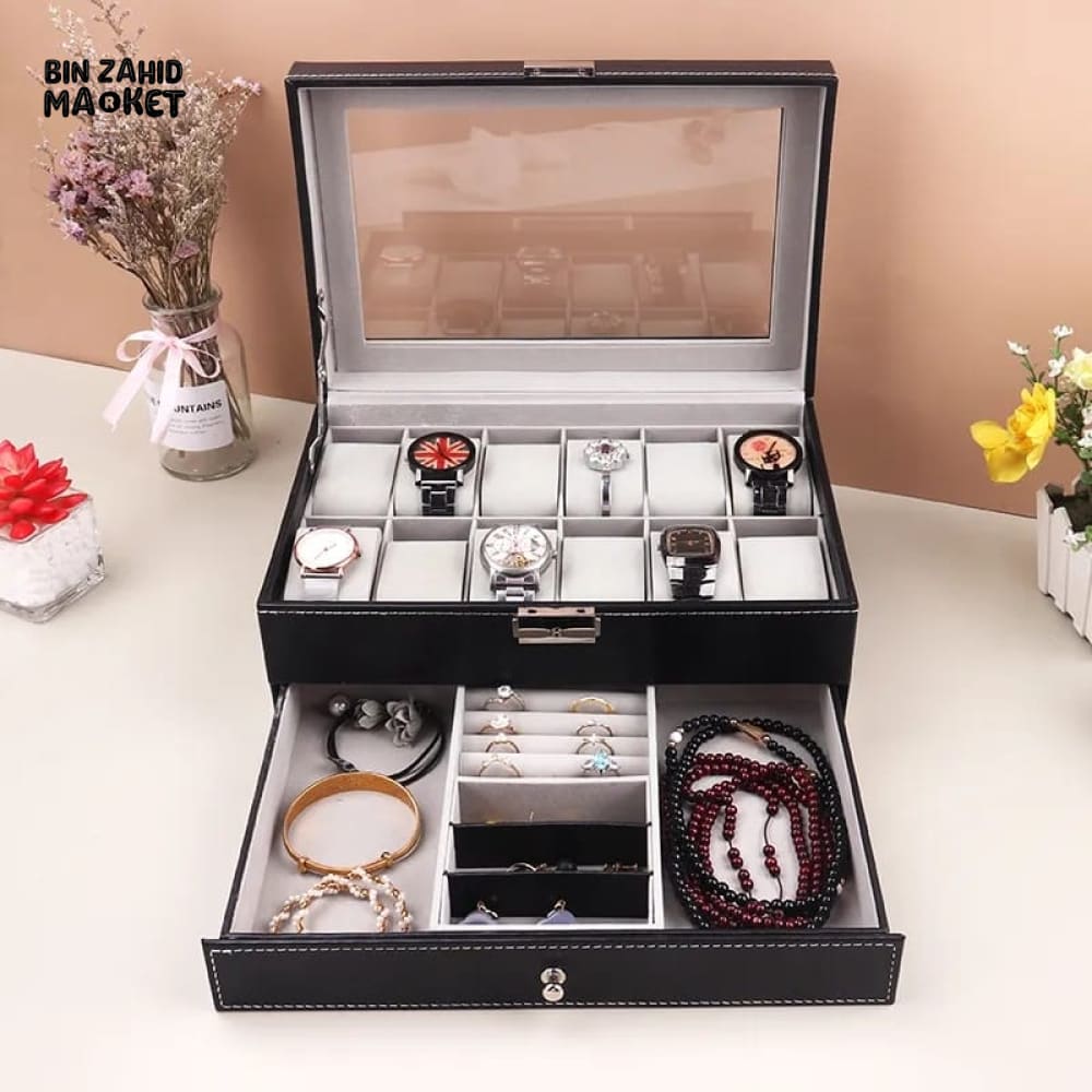 12X SLOTS DOUBLE LAYERS LEATHER WATCH STORAGE BOX