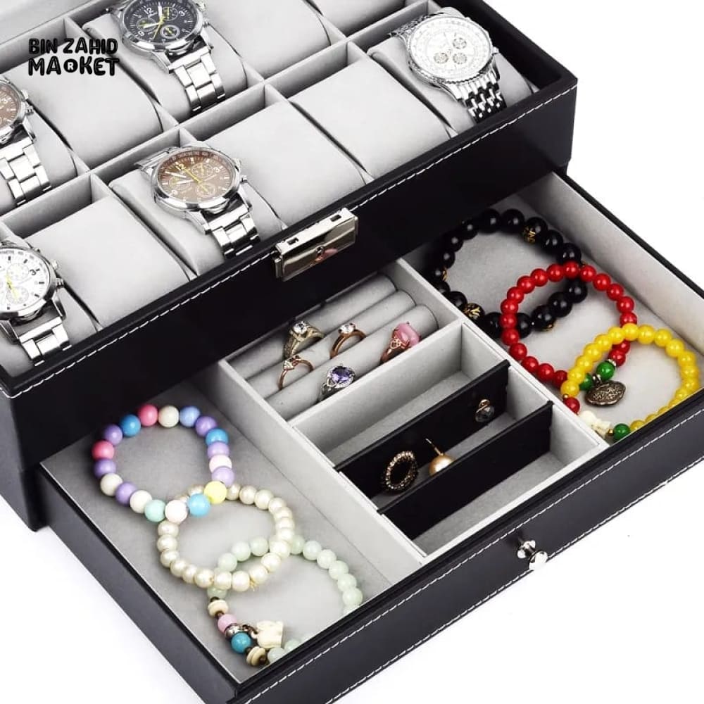 12X SLOTS DOUBLE LAYERS LEATHER WATCH STORAGE BOX
