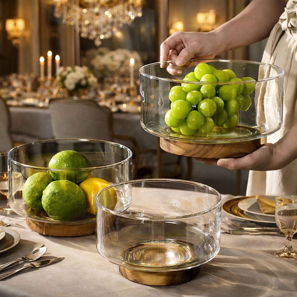 LUXURY GLASS FRUIT BOWL WITH WOODEN BASE – MODERN DINING TABLE CENTERPIECE - SMALL