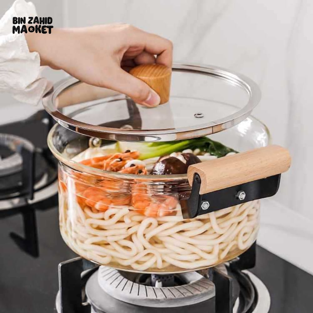 PREMIUM BOROSILICATE GLASS COOKING POT – FLAME-SAFE WOODEN HANDLE LARGE CAPACITY WITH LID - 4.5 LITRE