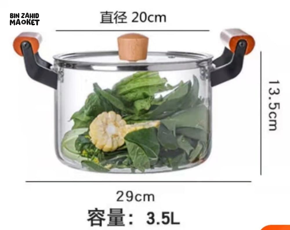 PREMIUM BOROSILICATE COOKING POT – FLAME-SAFE WOODEN HANDLE LARGE CAPACITY WITH LID - 3.5 LITRE