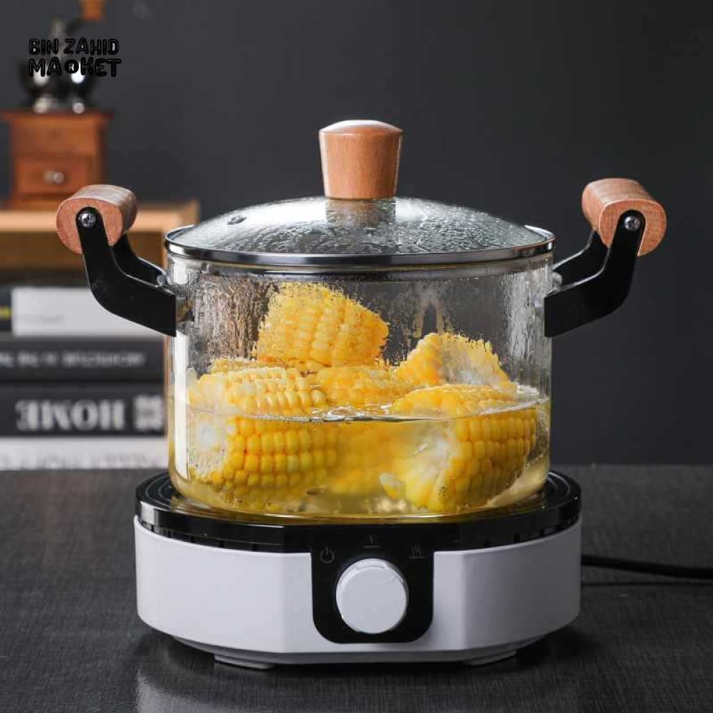 PREMIUM BOROSILICATE GLASS COOKING POT – FLAME-SAFE WOODEN HANDLE LARGE CAPACITY WITH LID - 4.5 LITRE