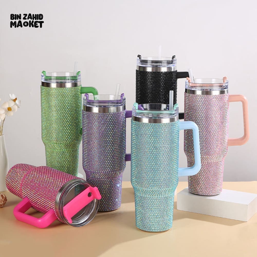 SHINY RHINESTONE 40OZ INSULATED TUMBLER – STAINLESS STEEL LEAK-RESISTANT WITH HANDLE - LIGHT PINK