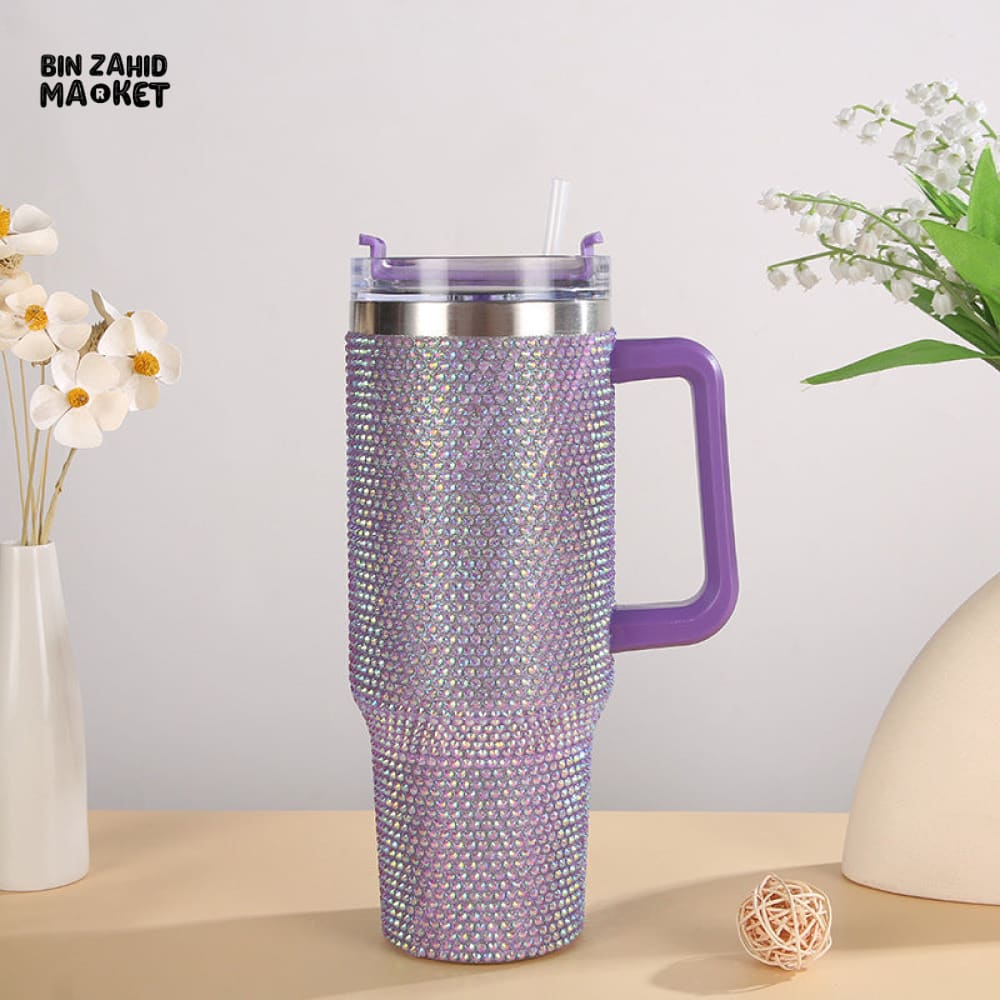 SHINY RHINESTONE 40OZ INSULATED TUMBLER – STAINLESS STEEL LEAK-RESISTANT WITH HANDLE - PURPLE