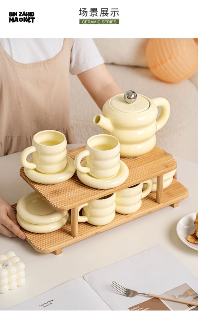 DONUT SERIES 13-PIECE CERAMIC TEA SET – ELEGANT GIFT BOX EDITION - YELLOW GREEN