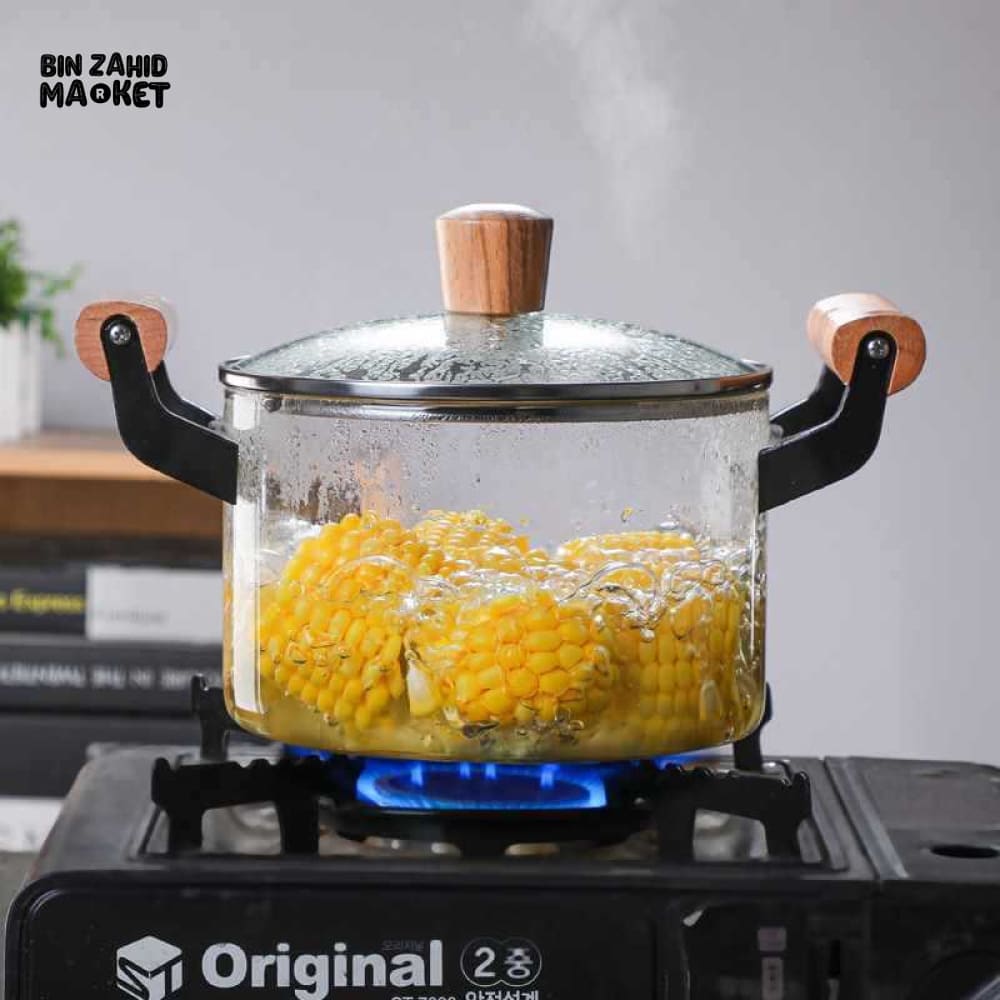 PREMIUM BOROSILICATE GLASS COOKING POT – FLAME-SAFE WOODEN HANDLE LARGE CAPACITY WITH LID - 4.5 LITRE