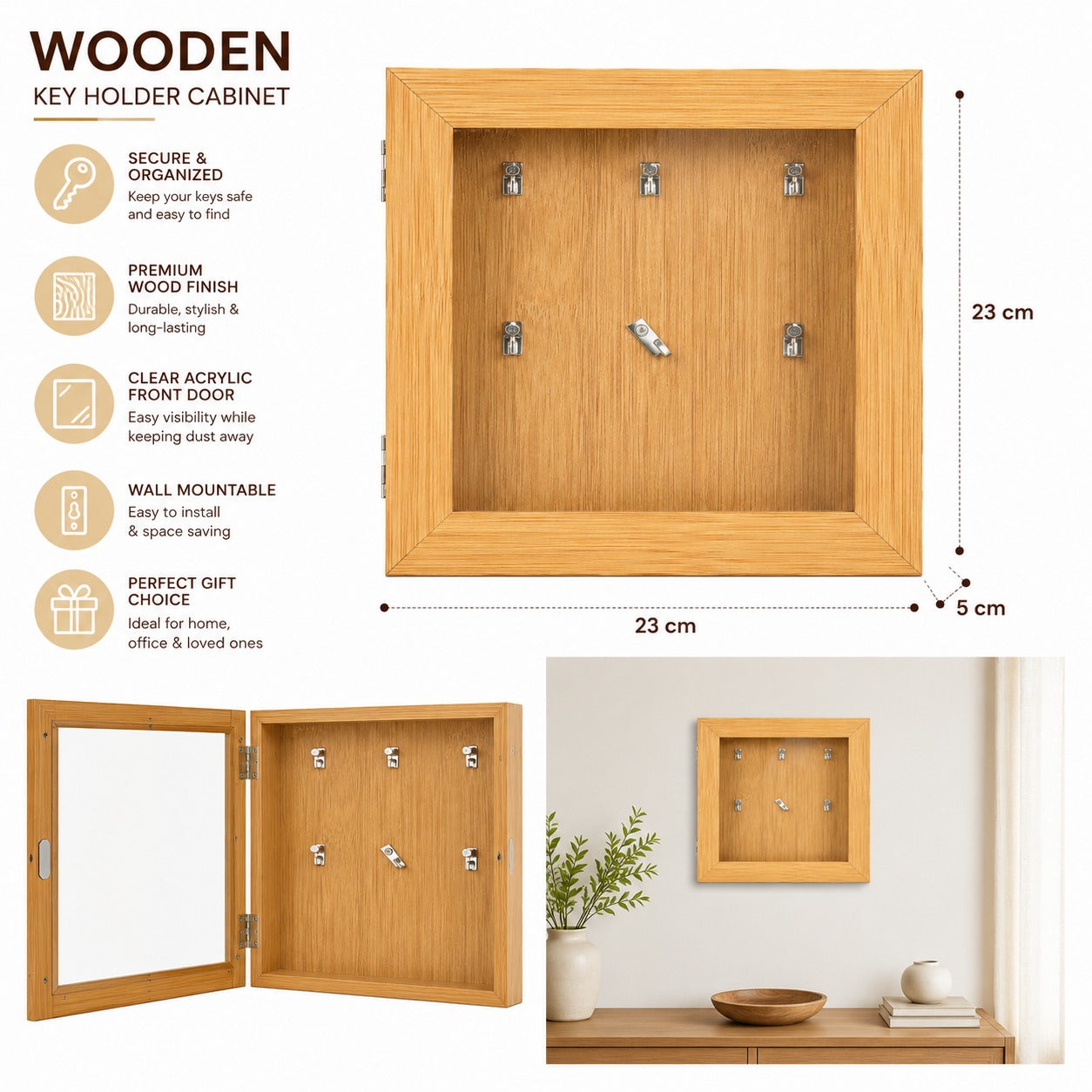 WALL MOUNTED WOODEN KEY HOLDER CABINET WITH GLASS DOOR