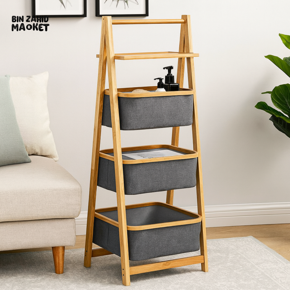 A-Frame 3 Tier Laundry Hamper With Shelf-Natural