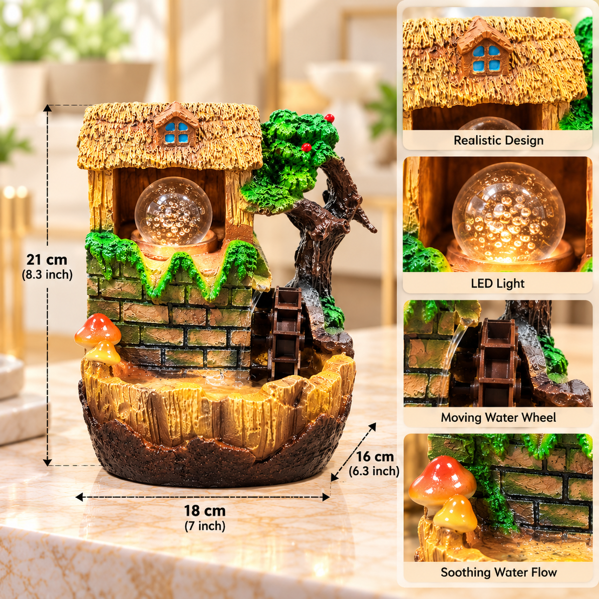 COTTAGE STYLE TABLETOP WATER FOUNTAIN WITH LED LIGHT & WATER WHEEL