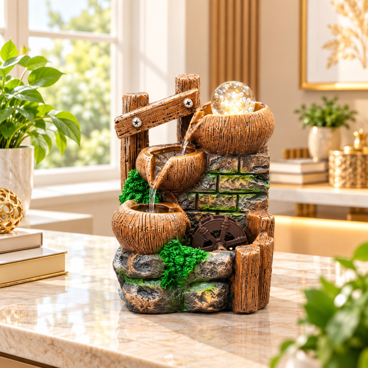 RUSTIC MULTI-TIER TABLETOP WATER FOUNTAIN WITH LED LIGHT & WATER WHEEL