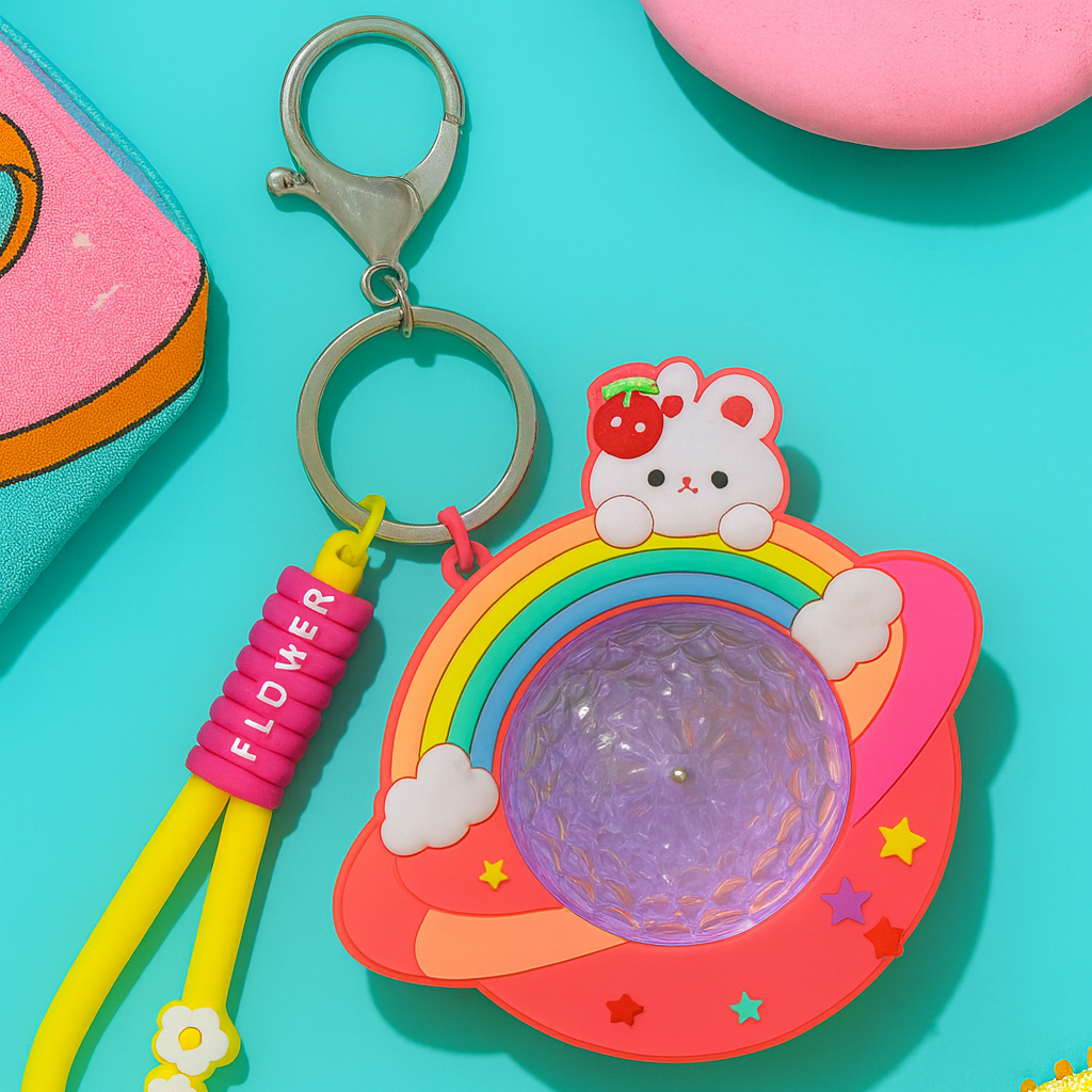 CUTE PLANET SHAKER KEYCHAIN WITH FLOWER LOOP STRAP – AESTHETIC BAG CHARM
