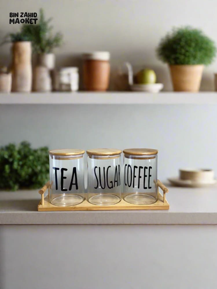 CLEAR GLASS JARS WITH BAMBOO LIDS LABELED FOR TEA SUGAR AND COFFEE — PERFECT FOR AN ORGANIZED AND MODERN KITCHEN LOOK - ROUND SHAPE