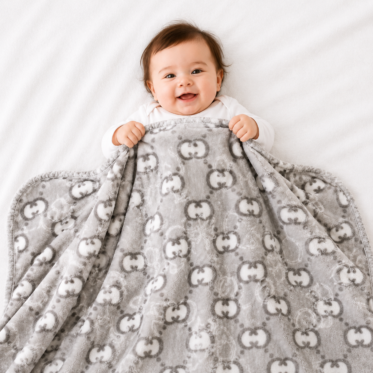 HAPPIMUMS BABY PLUSH SLEEPING BLANKET DOUBLE PLY LITTLE BEAR PATTERN 110 x 80 - GREY