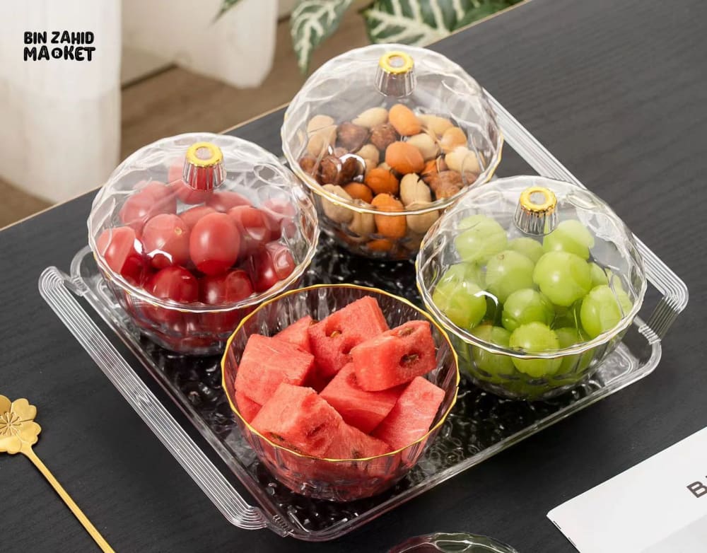 ACRYLIC 4-PIECE CANDY STORAGE TRAY SET WITH GLASS LID SERVING FRUIT TRAY & DESKTOP CANDY CONTAINER - CIRCLE