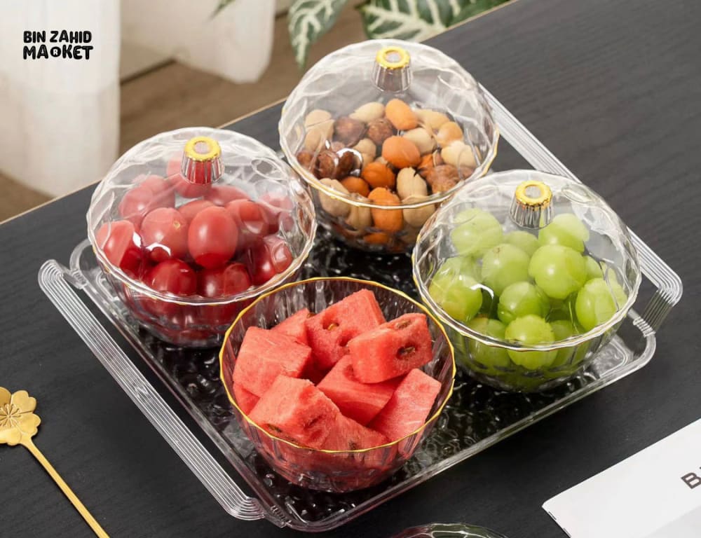 ACRYLIC 4-PIECE CANDY STORAGE TRAY SET WITH GLASS LID SERVING FRUIT TRAY & DESKTOP CANDY CONTAINER - SQUARE
