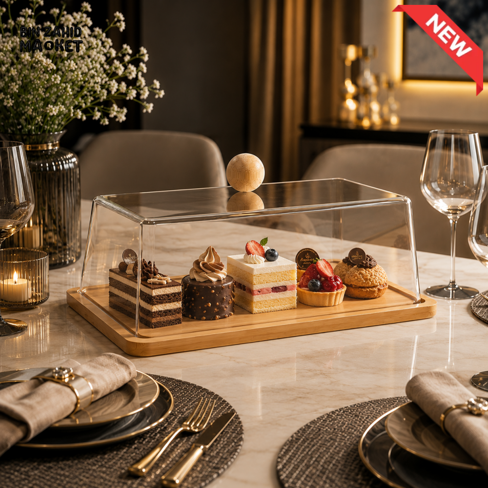 ACRYLIC CAKE & DESSERT DISPLAY COVER WITH BAMBOO TRAY