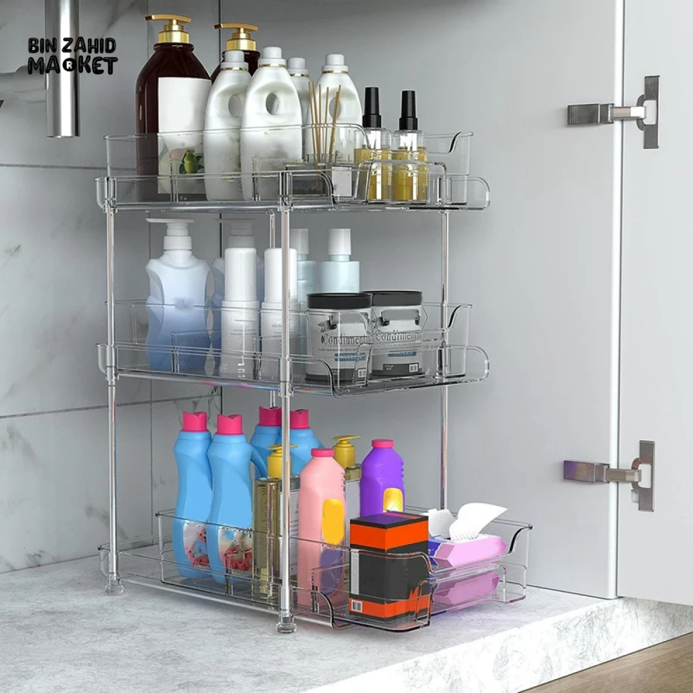 ACRYLIC CLEAR PULL-OUT STORAGE ORGANIZER COSMETIC & FOOD STORAGE - 3 TIER