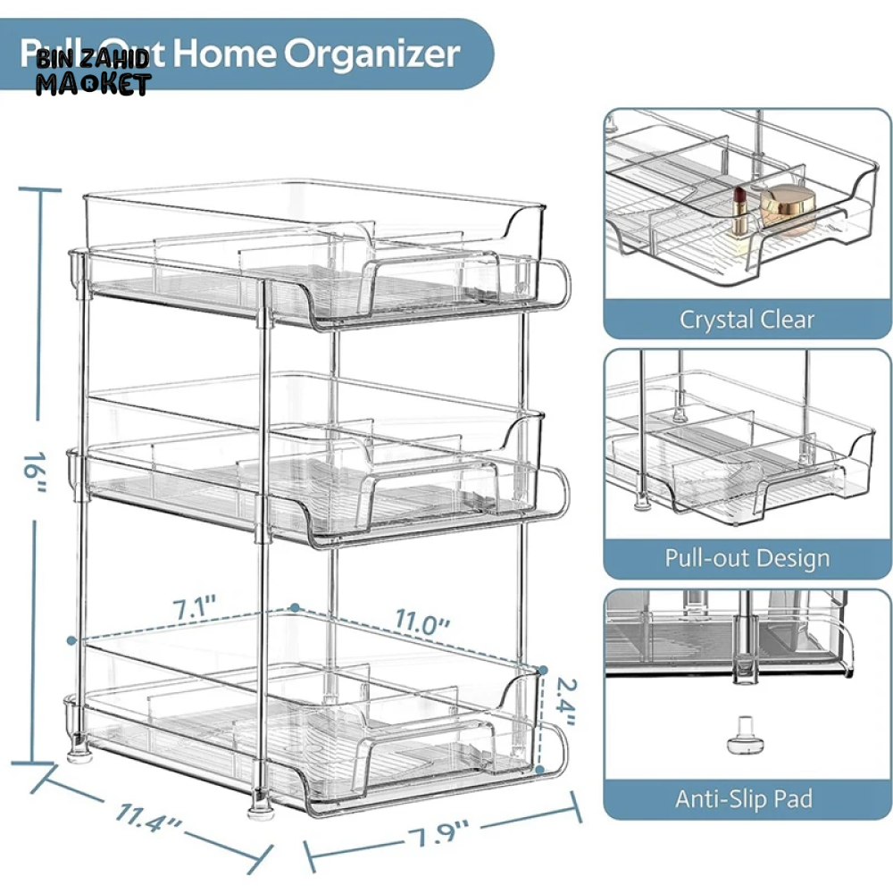 ACRYLIC CLEAR PULL-OUT STORAGE ORGANIZER COSMETIC & FOOD STORAGE - 3 TIER