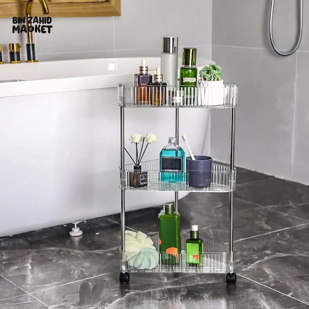 ACRYLIC TRIANGLE CORNER TROLLEY – SPACE-SAVING BATHROOM & KITCHEN ORGANIZER