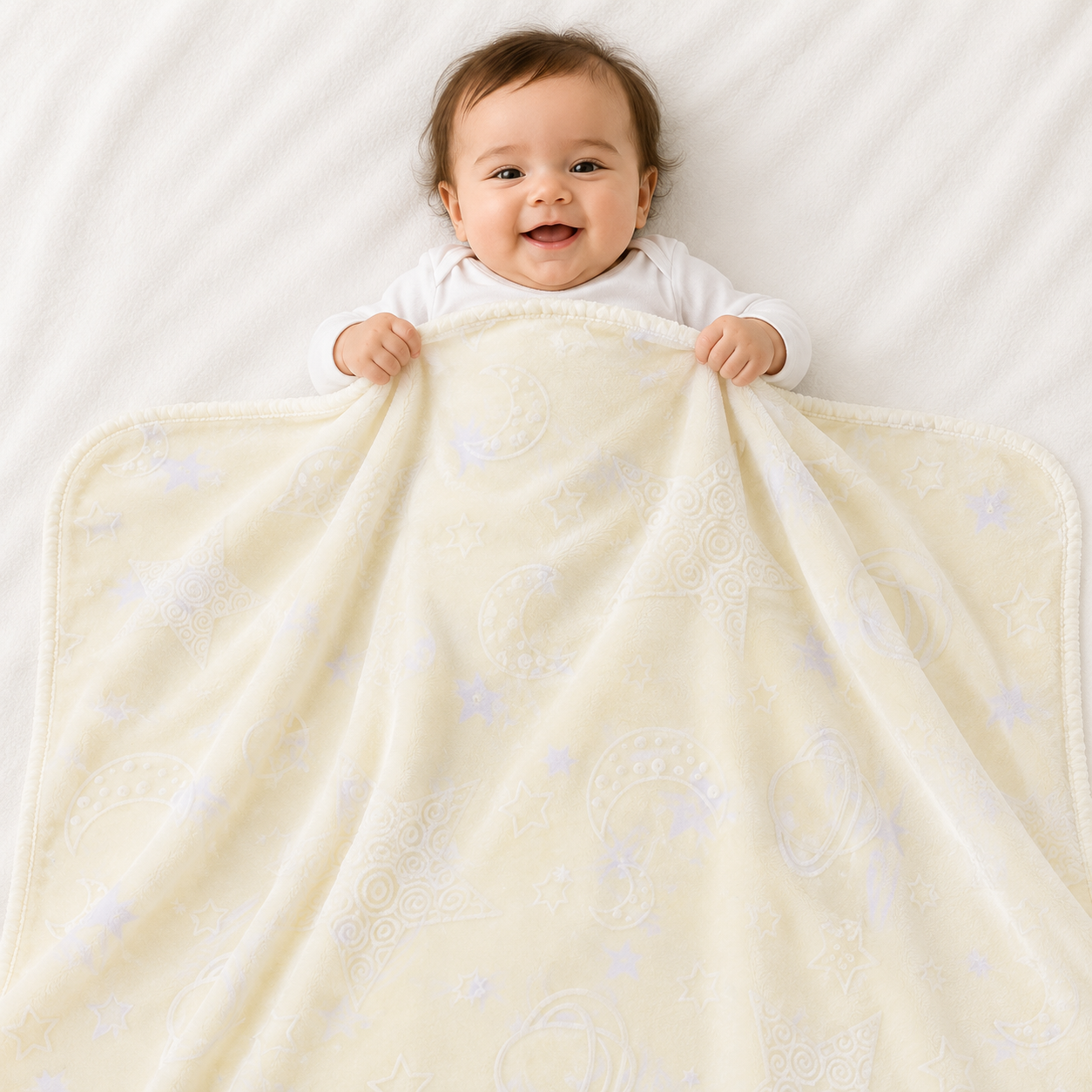 HAPPIMUMS BABY PLUSH SLEEPING BLANKET DOUBLE PLY MOON & STARS 110 x 80 - CREAM