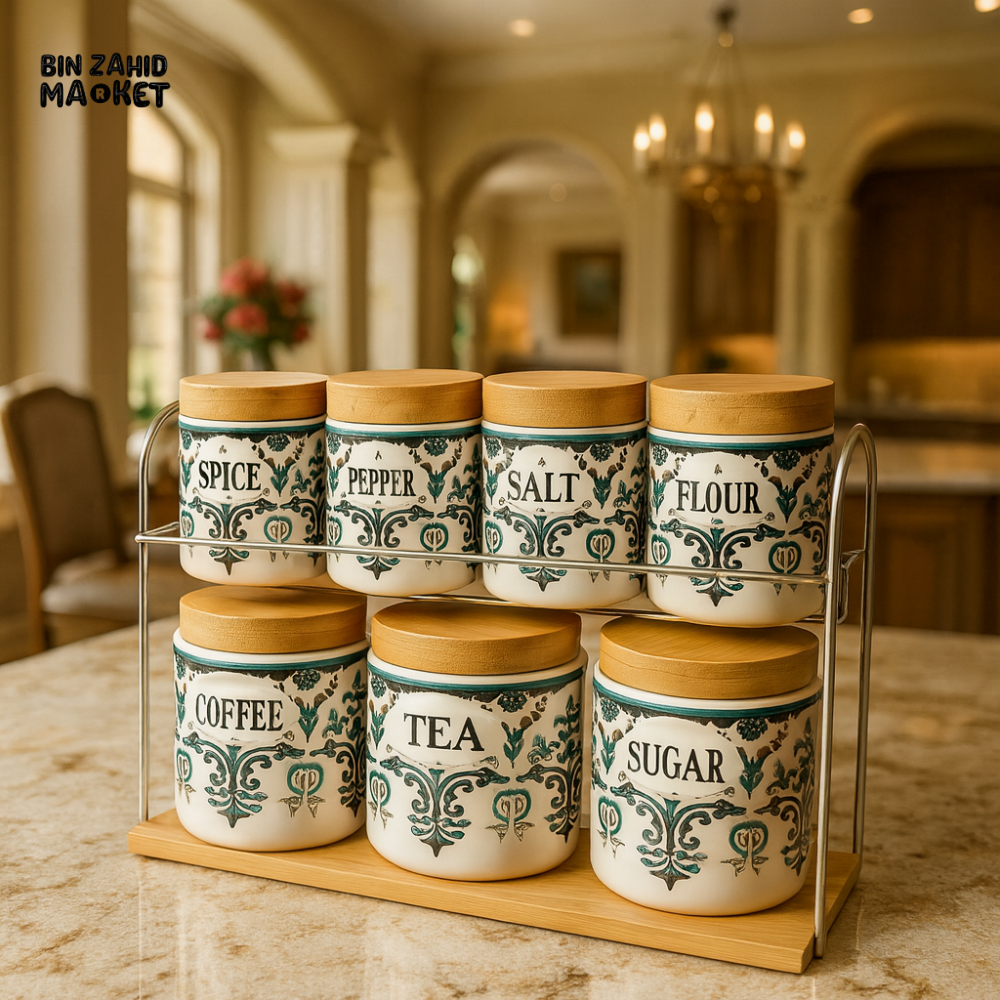 AIRTIGHT CERAMIC SPICE CONTAINERS – 7PCS WITH BAMBOO LIDS & WOOD BASE