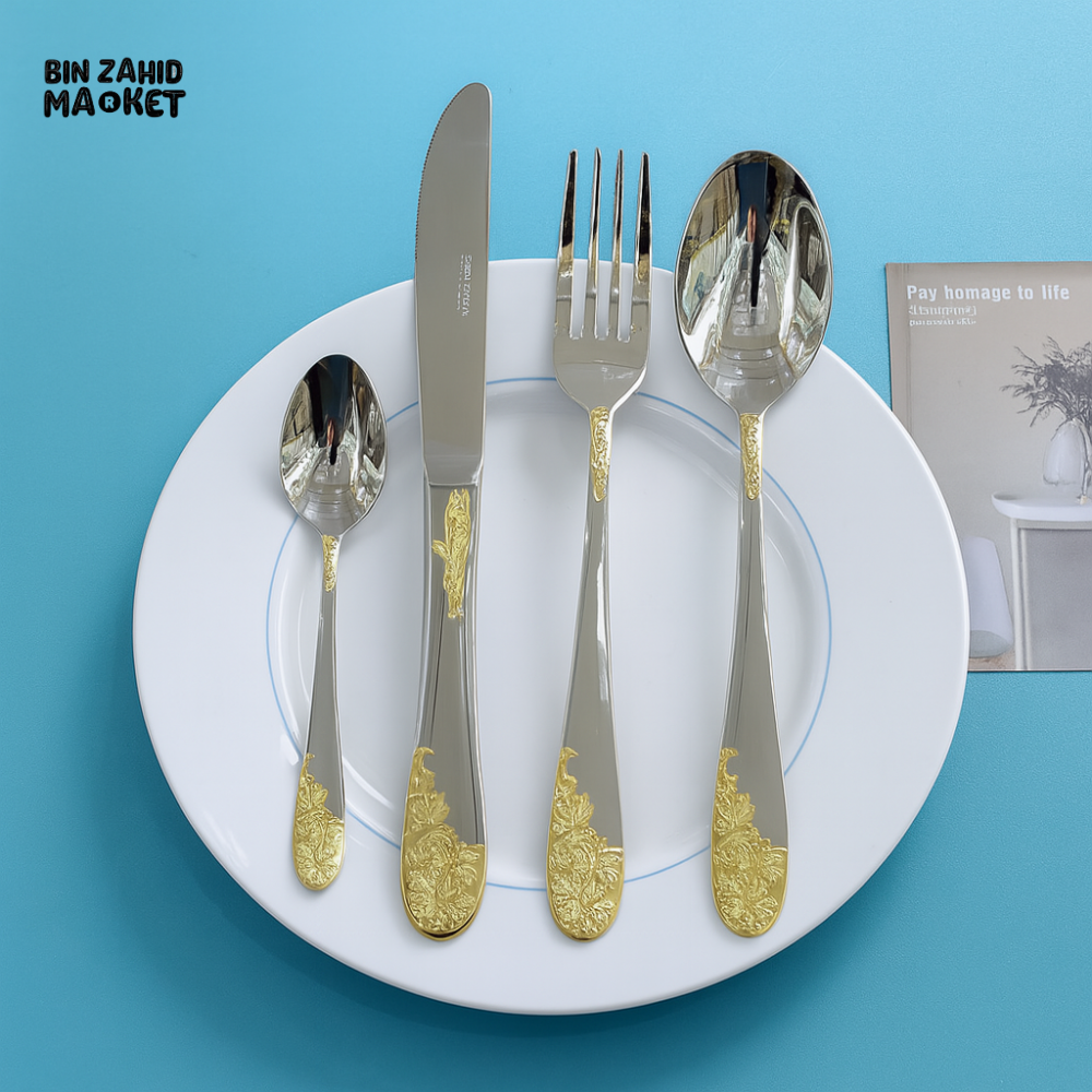 ALPENBERG 52-PIECE GOLD FLORAL STAINLESS STEEL CUTLERY SET – ELEGANT SILVERWARE FOR DINING, WEDDINGS & HOME USE