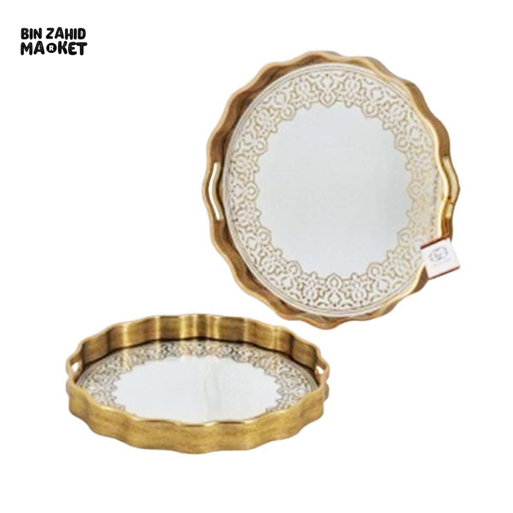 ALPENBERG ROUND GOLDEN STAINLESS STEEL SERVING TRAY WITH MIRROR BASE AND ELEGANT BORDER DESIGN