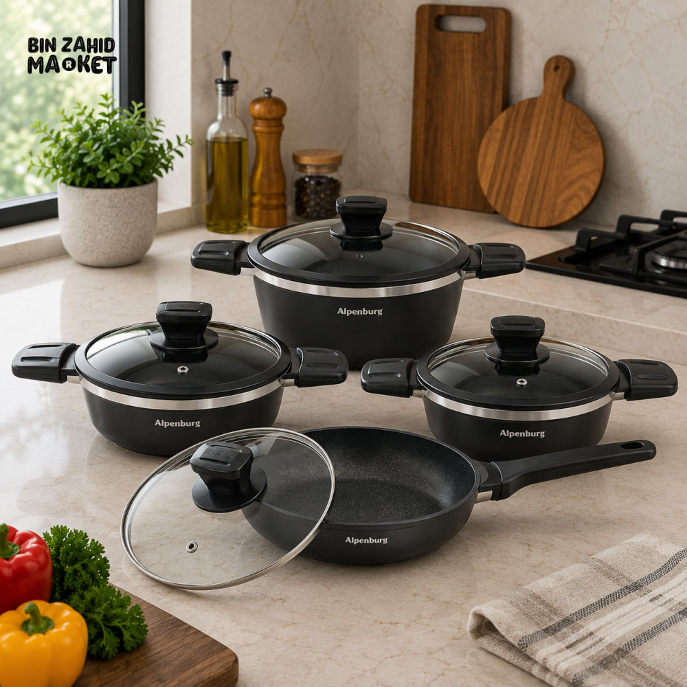 ALPENBURG NONSTICK COOKWARE SET WITH GLASS LIDS - 8 PIECE SET
