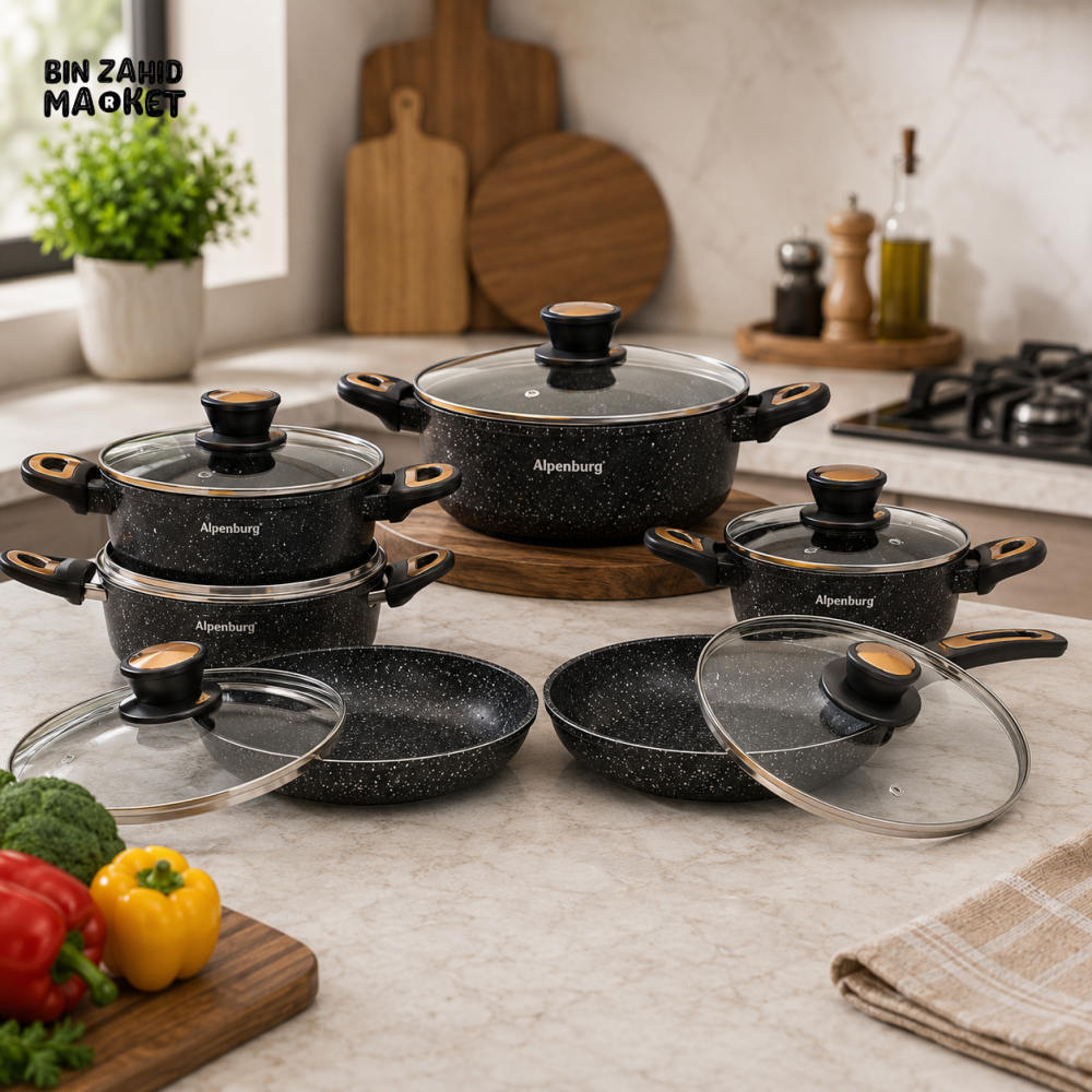 ALPENBURG NONSTICK MARBLE COOKWARE SET / BLACK & GOLDEN - 12 PIECE SET