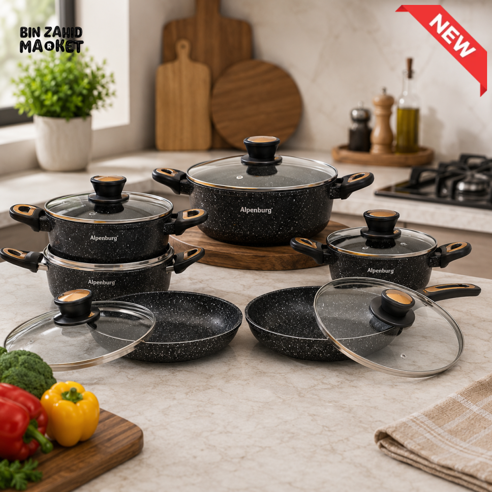 ALPENBURG NONSTICK MARBLE COOKWARE SET / BLACK & GOLDEN - 12 PIECE SET