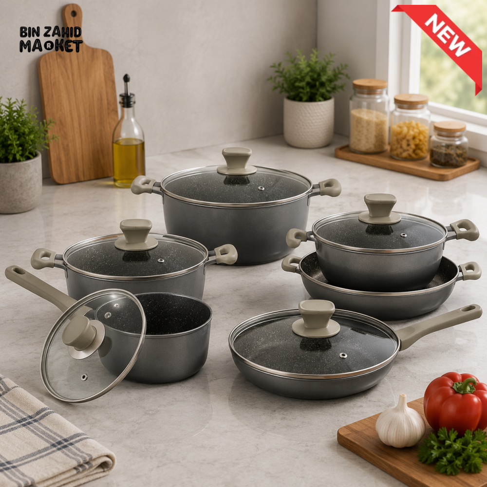 ALPENBURG NONSTICK MARBLE COOKWARE SET / GRAY - 12 PIECE SET