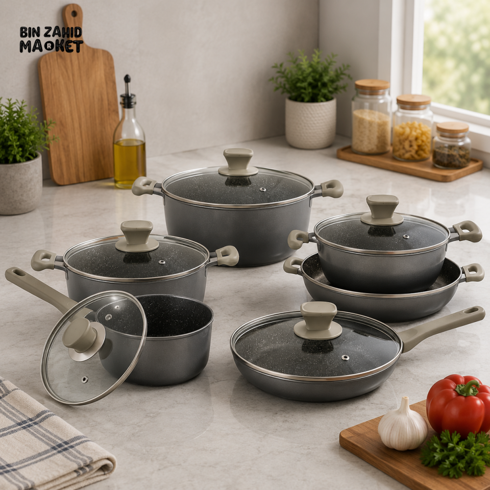 ALPENBURG NONSTICK MARBLE COOKWARE SET / GRAY - 12 PIECE SET