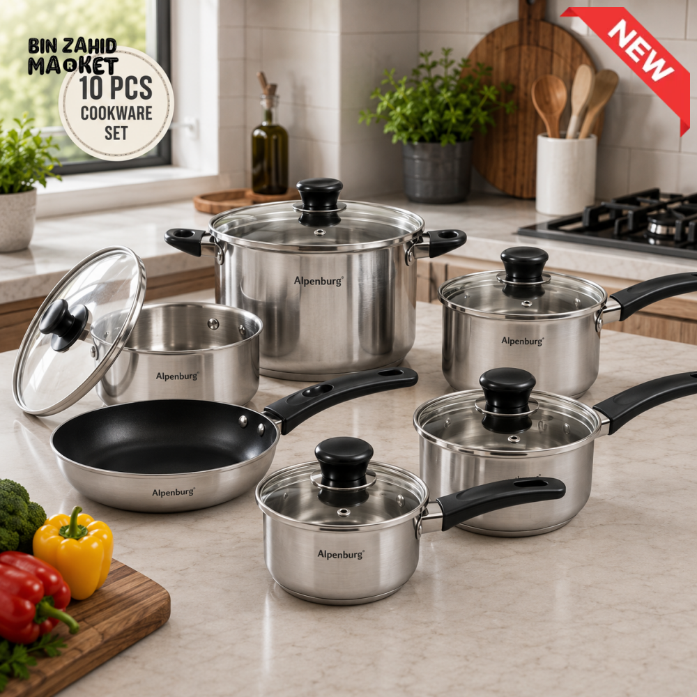 ALPENBURG STAINLESS STEEL COOKWARE SET WITH GLASS LIDS - 10 PIECE SET