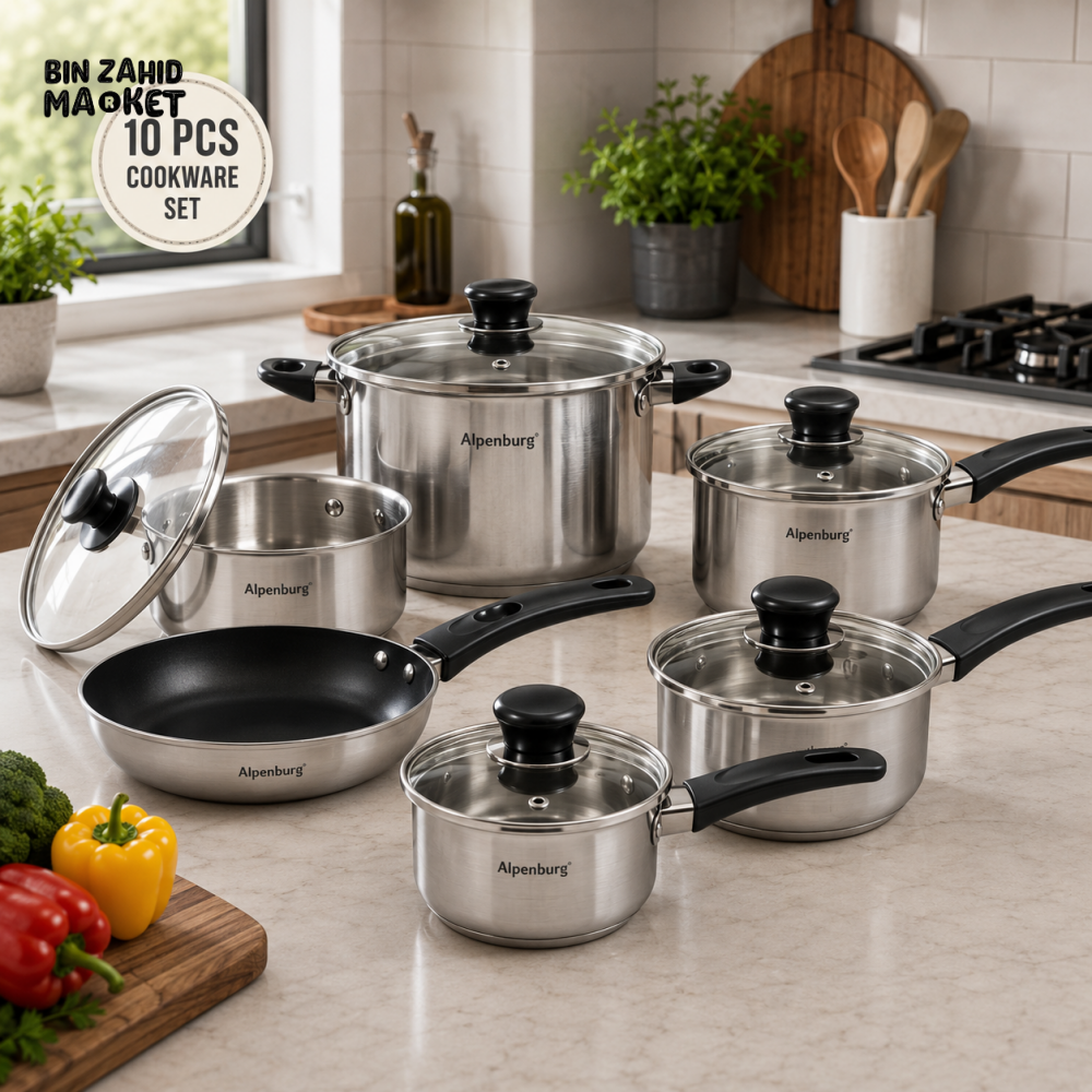 ALPENBURG STAINLESS STEEL COOKWARE SET WITH GLASS LIDS - 10 PIECE SET