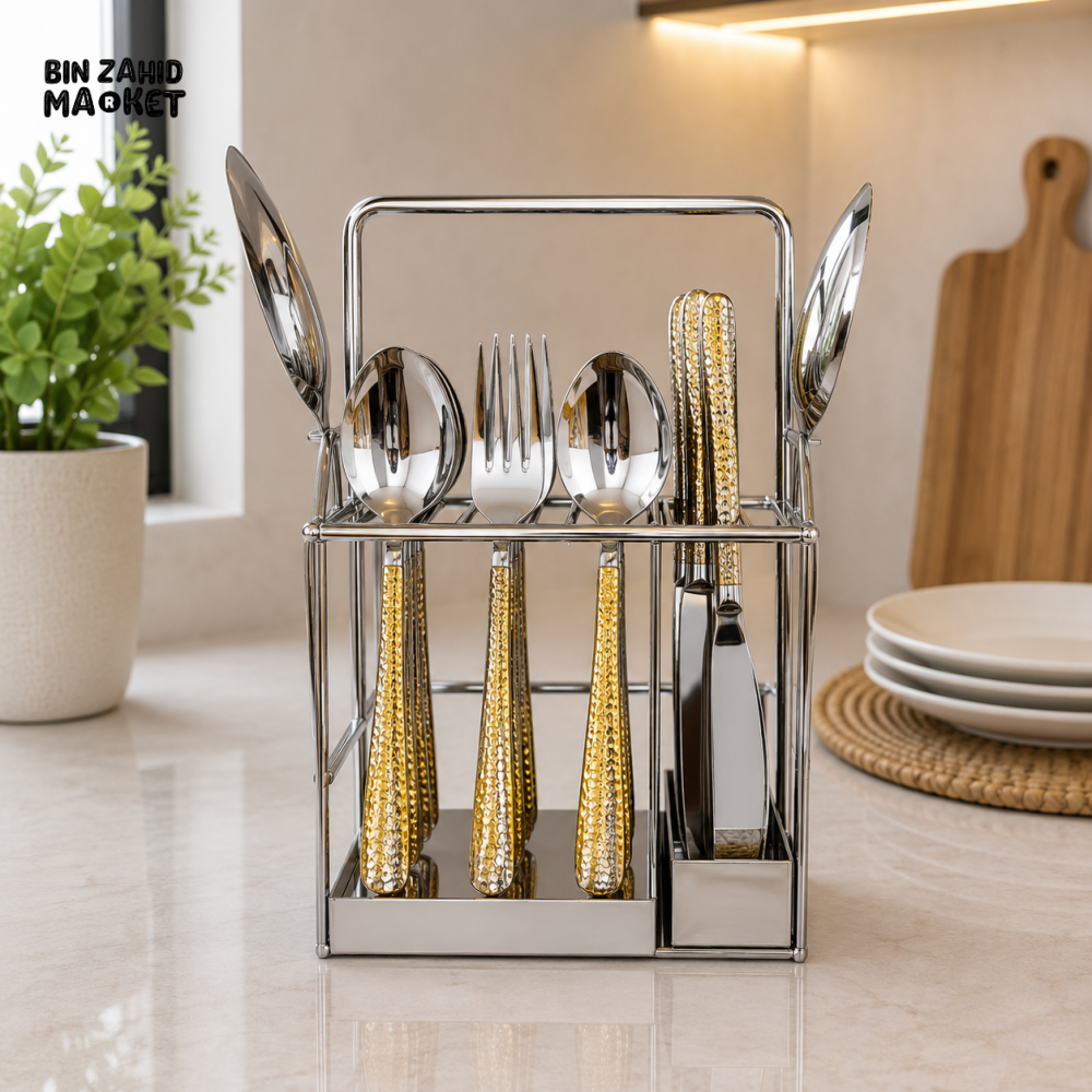 ALPENBURG STAINLESS STEEL CUTLERY HOLDER WITH GOLD HANDLE CUTLERY SET - 26 PIECE