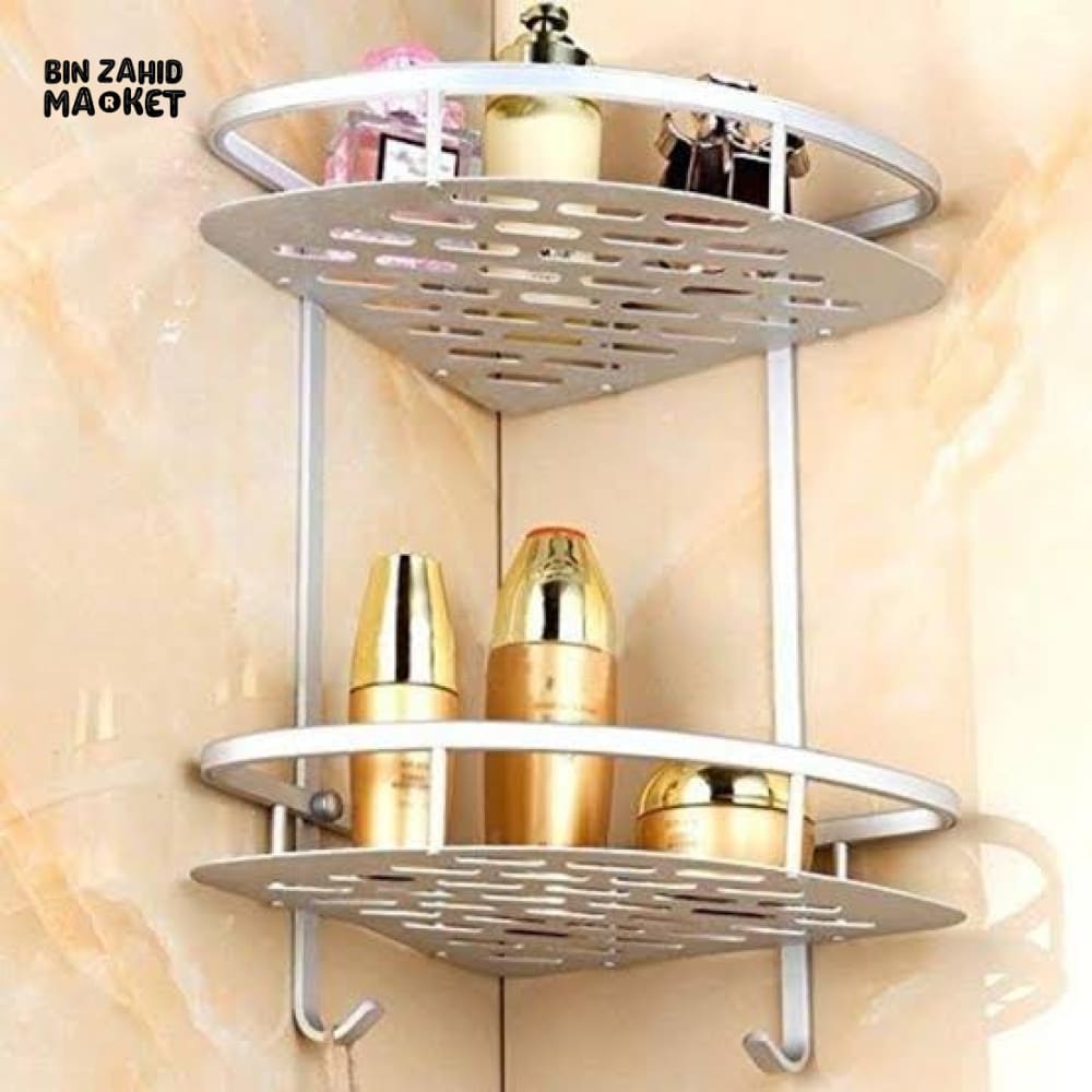 ALUMINUM CORNER RACK – 2-TIER WALL SHELF FOR BATHROOM & KITCHEN