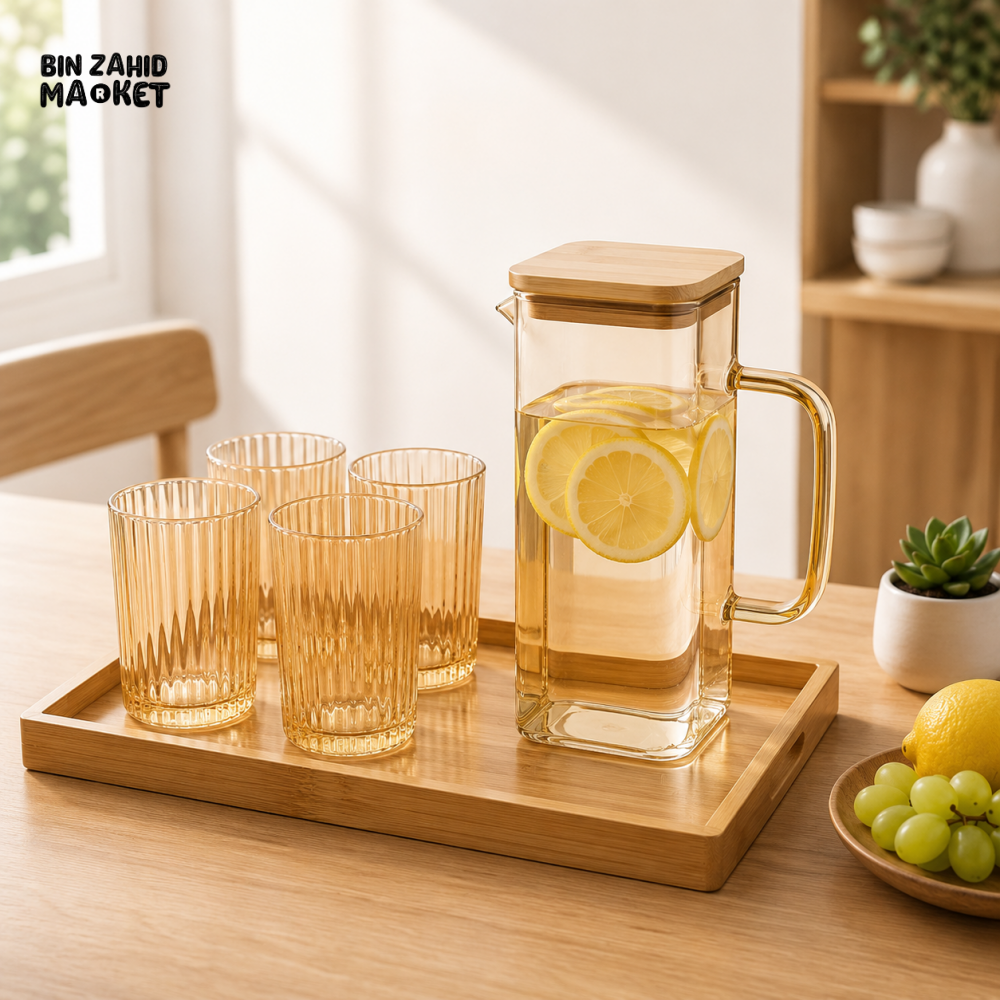 AMBER GLASS WATER PITCHER SET WITH 4 RIBBED GLASSES & BAMBOO TRAY - ORANGE
