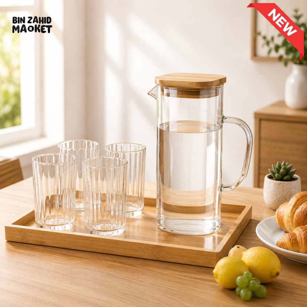 AMBER GLASS WATER PITCHER SET WITH 4 RIBBED GLASSES & BAMBOO TRAY- RECTANGULAR SHAPE