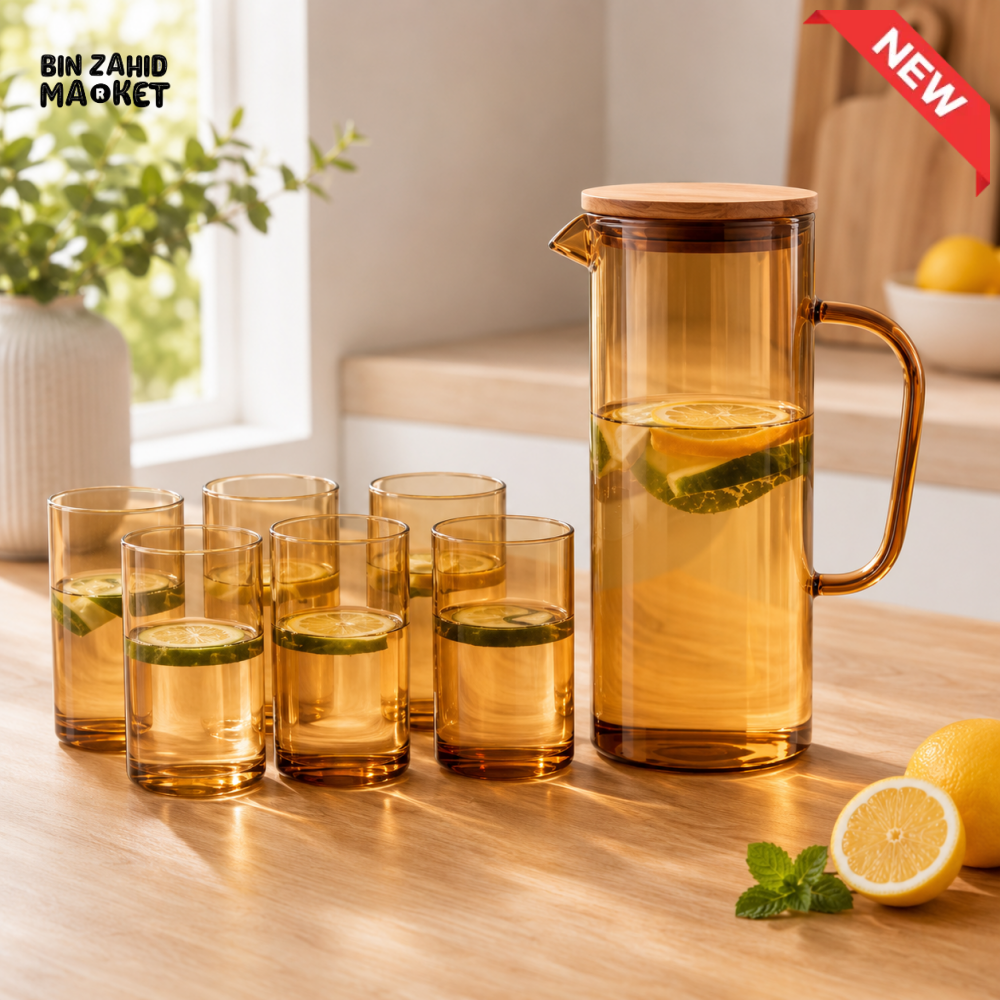 AMBER GLASS WATER PITCHER SET WITH 6 DRINKING GLASSES - GOLDEN