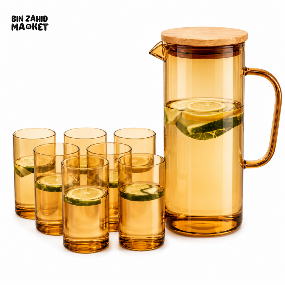 AMBER GLASS WATER PITCHER SET WITH 6 DRINKING GLASSES - GOLDEN