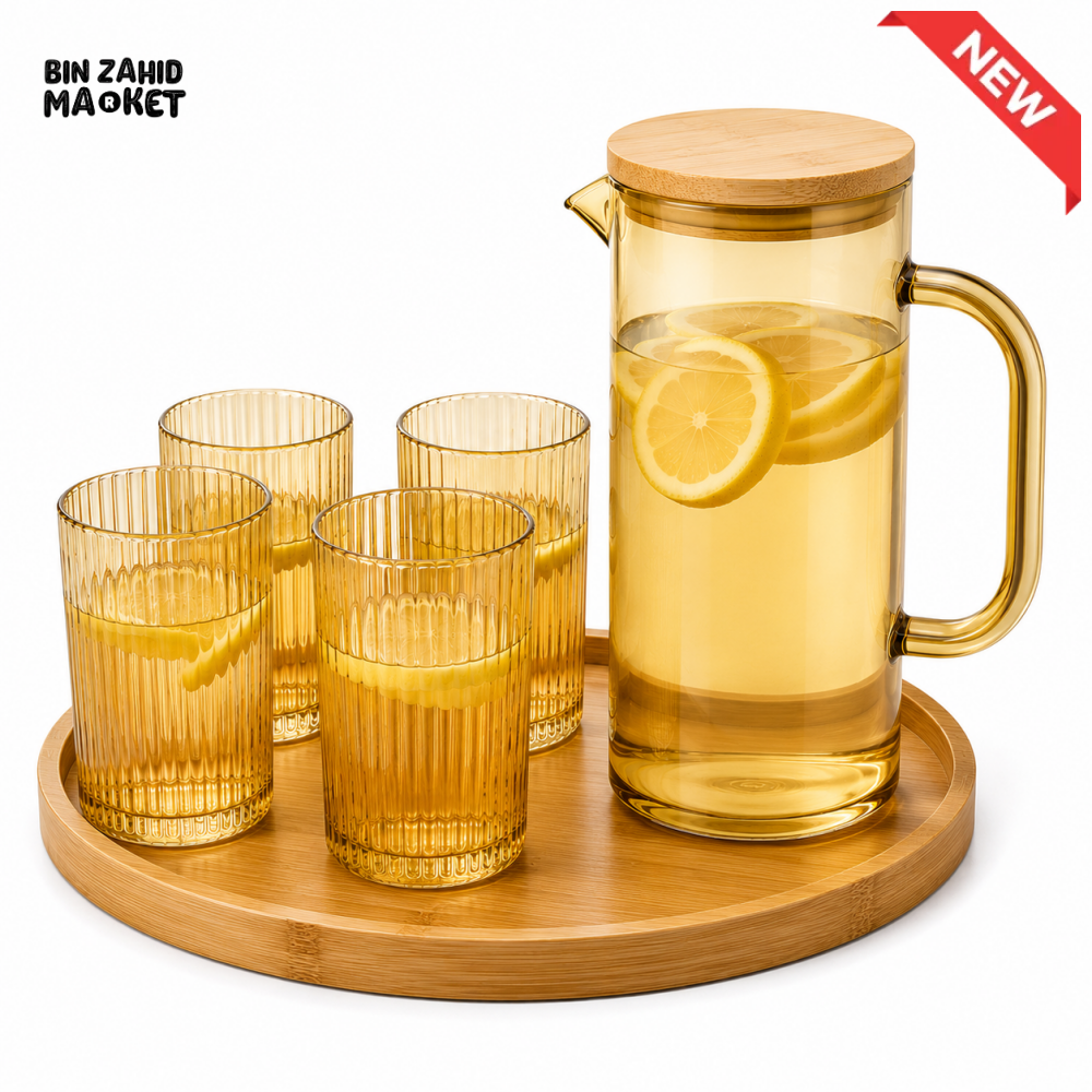 AMBER ROUND GLASS WATER PITCHER SET WITH 4 RIBBED GLASSES & BAMBOO TRAY - YELLOW