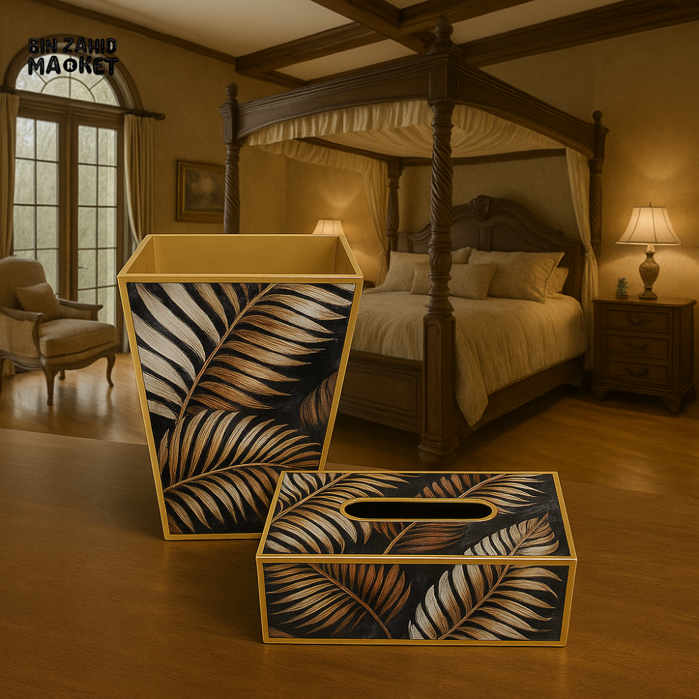 ANGELA PALM LEAF DESIGN TISSUE BOX & WASTEBASKET SET – TROPICAL ROOM DECOR ACCENTS