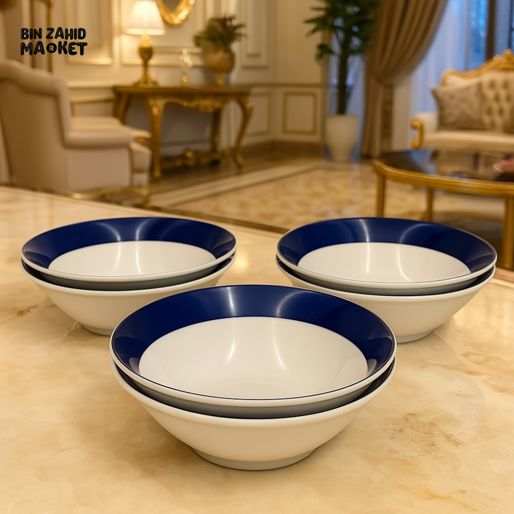 ANGELA SET OF 6 PORCELAIN BOWLS WITH NAVY BLUE RIM – LUXURY DINNERWARE FOR VILLA TABLETOP DISPLAY