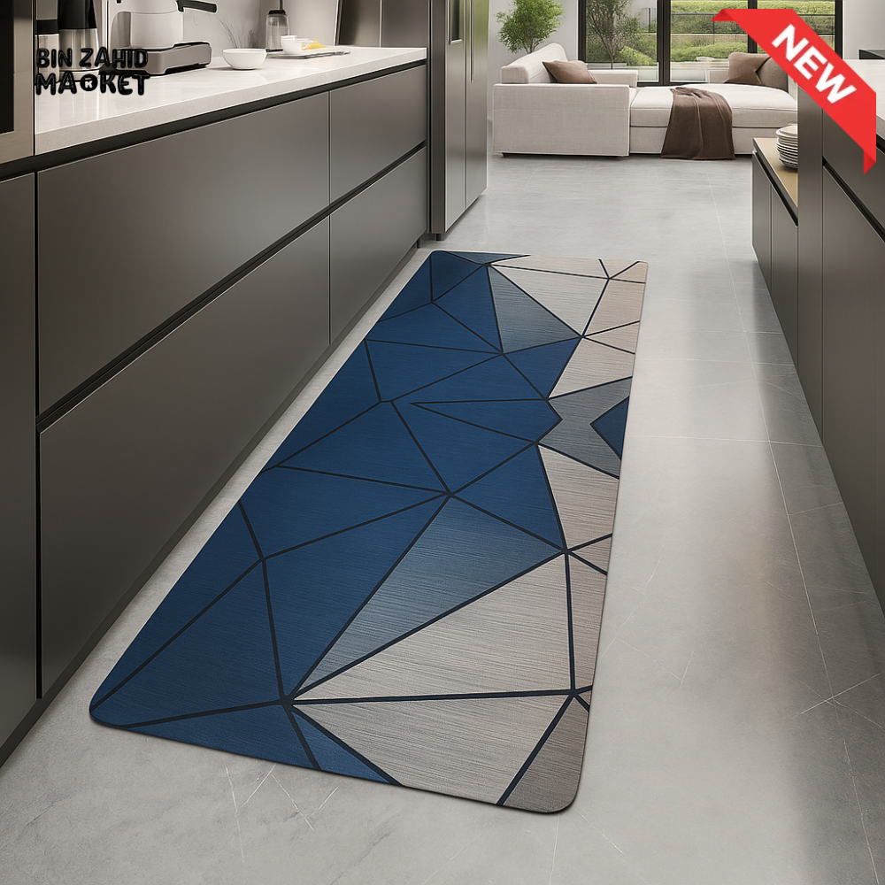 ANTI FATIGUE KITCHEN FLOOR MAT – LUXURY NON SLIP WATERPROOF COMFORT RUG WITH BLUE GEOMETRIC DESIGN