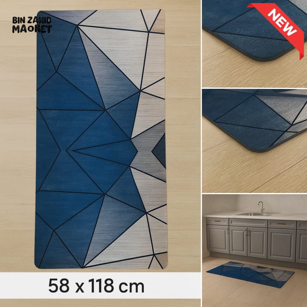 ANTI FATIGUE KITCHEN FLOOR MAT – LUXURY NON SLIP WATERPROOF COMFORT RUG WITH BLUE GEOMETRIC DESIGN