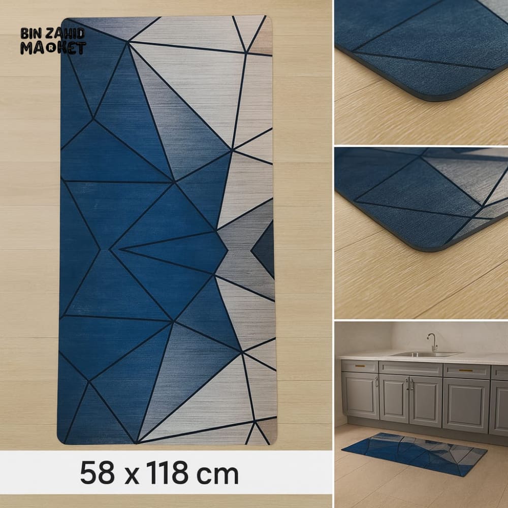ANTI FATIGUE KITCHEN FLOOR MAT – LUXURY NON SLIP WATERPROOF COMFORT RUG WITH BLUE GEOMETRIC DESIGN